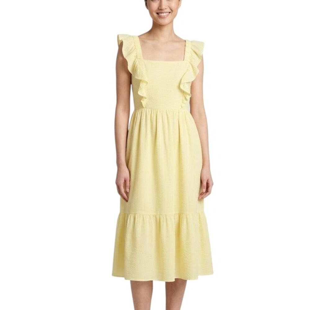 BCBGeneration Ruffled Yellow White Striped Midi Dress Women Size M NWOT